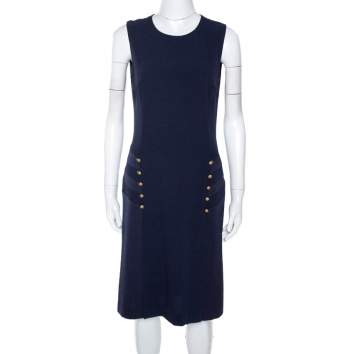 Pre Owned Joseph Navy Blue Crepe Sleeveless Step Button Dress M 