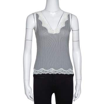 Pre Owned Joseph Monochrome Striped Knit Lace Trim Camisole Top XS