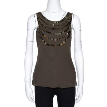 Pre Owned Joseph Olive Green Silk Sequin Embellished Sleeveless Top S