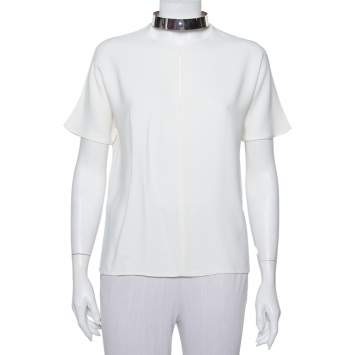 Pre Owned Joseph Cream Crepe Metal Neck Detail Short Sleeve Top M