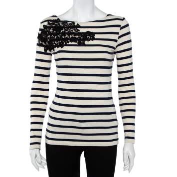 Pre Owned Joseph Beige & Navy Blue Striped Cotton Lace Patch Detail T-Shirt S