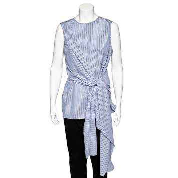 Pre Owned Joseph Blue Striped Cotton Wrap Detail Alicia Top L