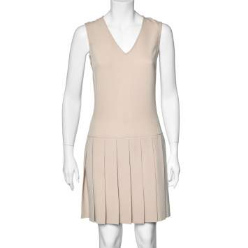 Pre Owned Joseph Beige Crepe Pleated Hem Sleeveless Dress M