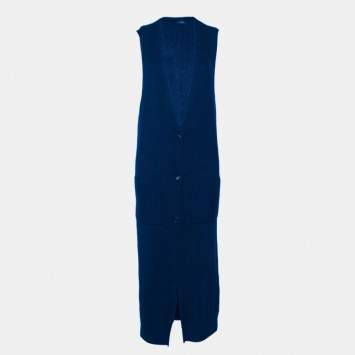 Pre Owned Joseph Navy Blue Textured Knit Long Sleeveless Cardigan L