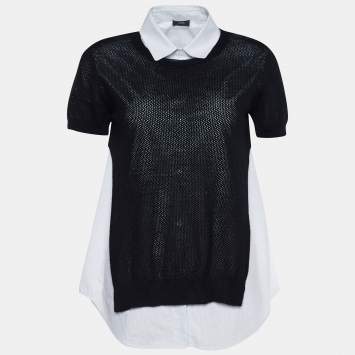 Pre Owned Joseph White/Black Wool Two Pieces Short Sleeve Top S