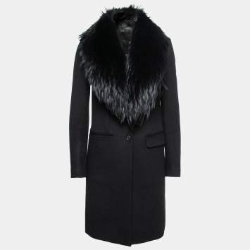 Pre Owned Joseph Black Wool Detachable Fur Collar Mid-Length Coat S   