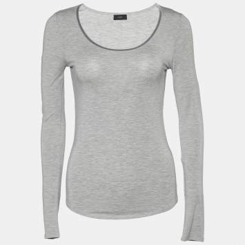 Pre Owned Joseph Grey Stretch Knit Velvet Trim Long Sleeve Top S 