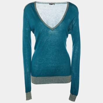 Pre Owned Joseph Green Cashmere Knit Lurex Detail V-Neck Sweater S
