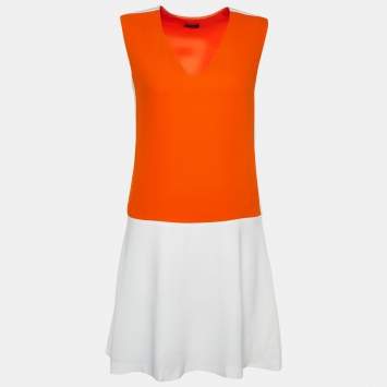 Pre Owned Joseph Orange & White Crepe Paneled Sleeveless Mini Dress S