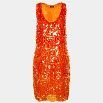 Pre Owned Joseph Orange Embellished Georgette Silk Sleeveless Shift Dress