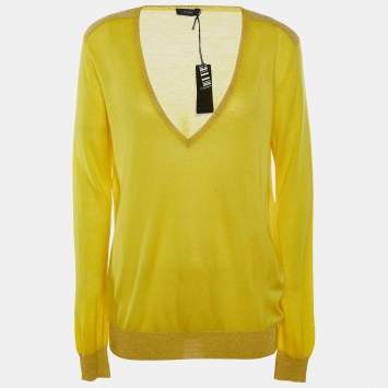 Pre Owned Joseph Yellow Cashmere Knit Lurex Detail V-Neck Sweater M