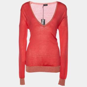 Pre Owned Joseph Pink Cashmere Knit Lurex Detail V-Neck Sweater M