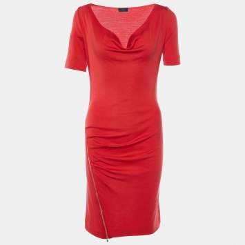 مملوكة مسبقًا Joseph Red Wool Interlock Zip Ruched Detail Kent Dress M 