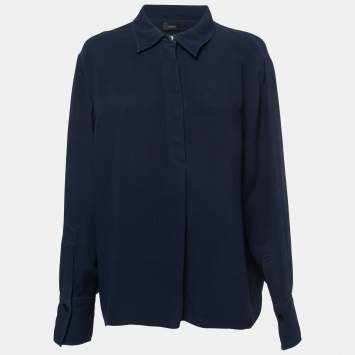 Pre Owned Joseph Dark Blue Crepe Silk Long Sleeve Blouse L