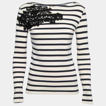 Pre Owned Joseph Cream/Navy Blue Striped Cotton Lace Trimmed Full Sleeve T-Shirt S