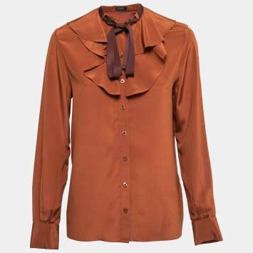 Pre Owned Joseph Brown Silk Ruffle Detail Button Front Full Sleeve Shirt S