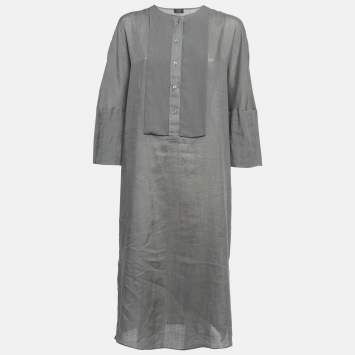 Pre Owned Joseph Grey Ramie Long Sleeve Buttoned Midi Dress L 