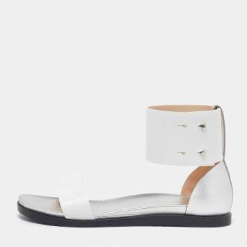 Pre Owned Joseph White/Silver Leather Ankle Strap Flat Sandals Size 39
