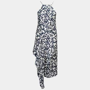 Pre Owned Josh Goot Navy Blue and White Printed Silk Side Bustle Dress XS 
