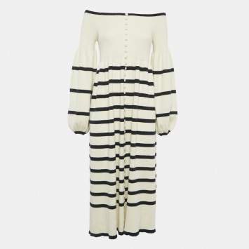 Pre Owned Joslin Off-White Rib Knit Stripe Off-Shoulder Button Detail Flared Midi Dress S