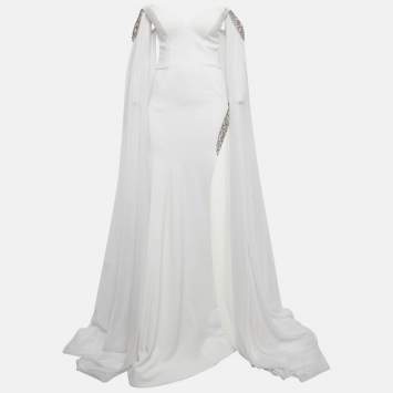 Pre Owned Jovani White Jersey Crystal Embellished Jersey Detachable Cape Sleeve Gown S