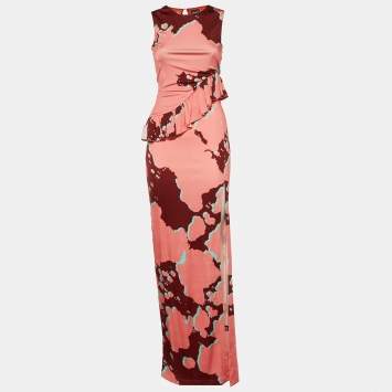 Pre Owned Just Cavalli Pink Printed Jersey Ruffled Maxi Dress S