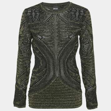 Just Cavalli Metallic Patterned Lurex Knit Long Sleeve Top L