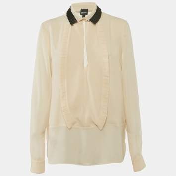 Pre Owned Just Cavalli Cream Crepe Pleated Ruffle Sheer Blouse M