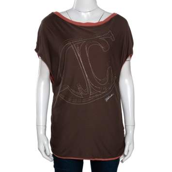 Pre Owned Just Cavalli Brown Embossed Logo Print Knit Top M