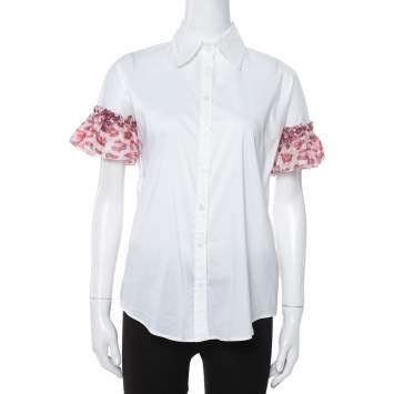 Pre Owned Just Cavalli White Cotton Ruffled Silk Sleeve Blouse M