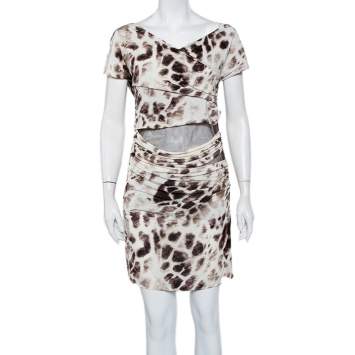 Pre Owned Just Cavalli Beige Printed Knit & Brown Mesh Paneled Ruched Mini Dress L