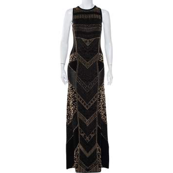 Pre Owned Just Cavalli Black Patterned Lurex Knit Fitted Maxi Dress L