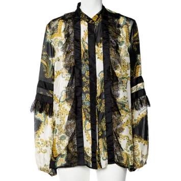 Pre Owned Just Cavalli Black Printed Silk Lace Trim Button Up Blouse L