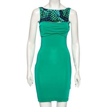 Pre Owned Just Cavalli Green Stretch Knit Snakeskin Print Cut Out Yoke Detail Sleeveless Dress S