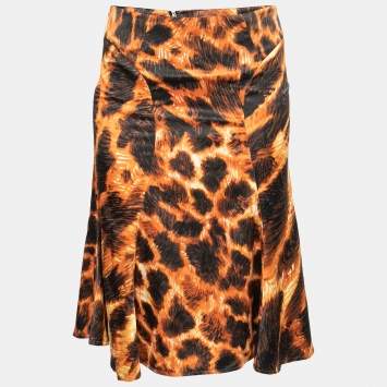 Pre Owned Just Cavalli Orange and Black Printed Flared Hem Skirt S