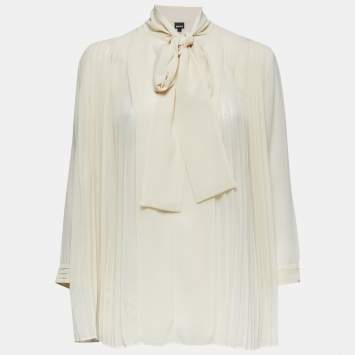 Pre Owned Just Cavalli Cream Chiffon Pleated Tie-Neck Blouse M
