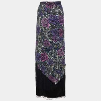 Pre Owned Just Cavalli Black Floral Printed Crepe & Tulle Paneled Maxi Skirt L