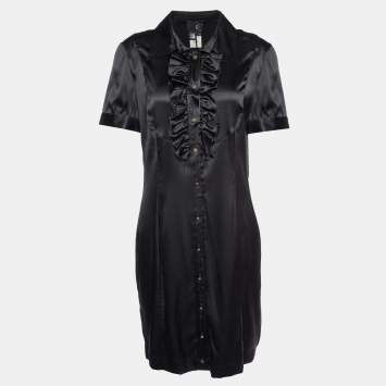 Pre Owned Just Cavalli Black Silk Satin Ruffled Mini Dress L