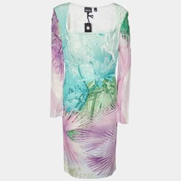 Pre Owned Just Cavalli Multicolor Tropical Print Jersey Off-Shoulder Dress XL