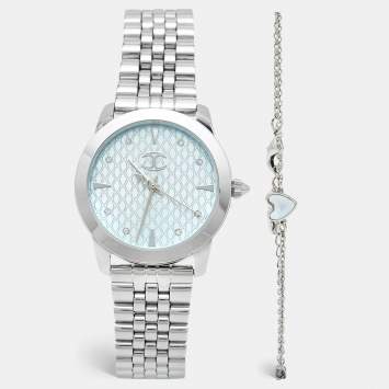 Pre Owned Just Cavalli Silver Stainless Steel Donna JC1L211M0245 Women's Wristwatch & Bracelet Set 34 mm