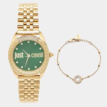 Pre Owned Just Cavalli Brillante JC1L195M0075 Green Dial Gold Tone Stainless Steel Crystal Women's Wristwatch Set 34 mm