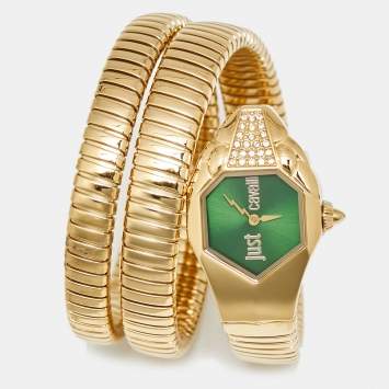 Pre Owned Just Cavalli Glam Chic 1L022 Green Dial Yellow Gold Plated Stainless Steel Women's Wristwatch 22 mm