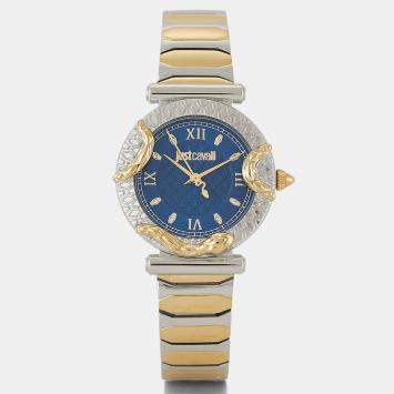 Pre Owned Just Cavalli Blue Two-Tone Stainless Steel Crystal Embellished Classic JC1L234M0095 Women's Wristwatch 32 mm