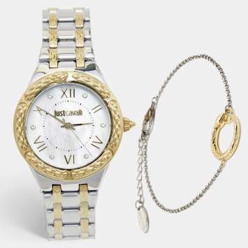 Pre Owned Just Cavalli Mother Of Pearl Two-Stainless Steel Cucitura JC1L200 Women's Wristwatch 35 mm