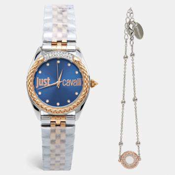 Pre Owned Just Cavalli Blue Two-Tone Stainless Steel Crystal Brillante JC1L195M0125 Women's Wristwatch 34 mm