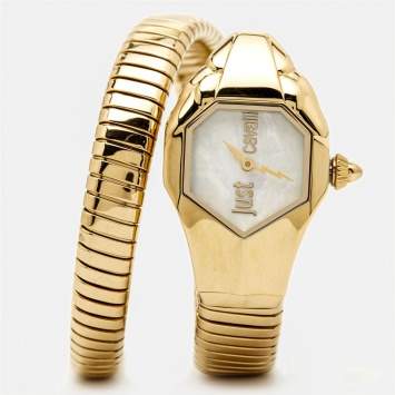 Pre Owned Just Cavalli Mother Of Pearl Yellow Gold Plated Stainless Steel Serpent JC1L001M0026 Women's Wristwatch 22 mm