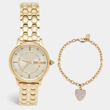 Pre Owned Just Cavalli Champagne Gold Plated Stainless Steel Emozioni JC1L149M0045 Women's Wristwatch Set 34 mm