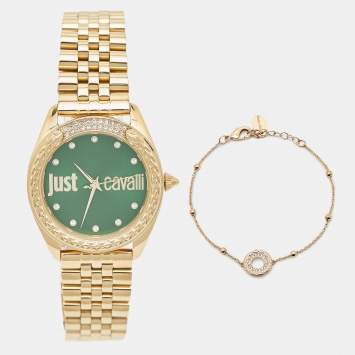 Pre Owned Just Cavalli Green Gold Plated Stainless Steel Crystal Brillante JC1L195M0075 Women's Wristwatch Set 34 mm