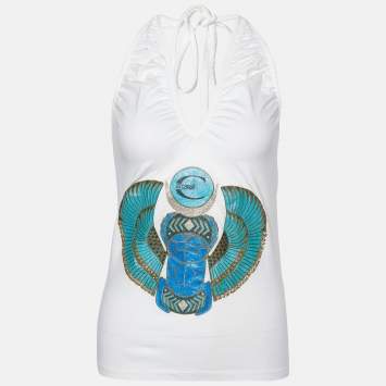 Pre Owned Just Cavalli White Printed Cotton Halter Neck Top M