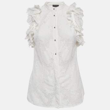 Pre Owned Just Cavalli White Lace Ruffled Sleeveless Shirt M